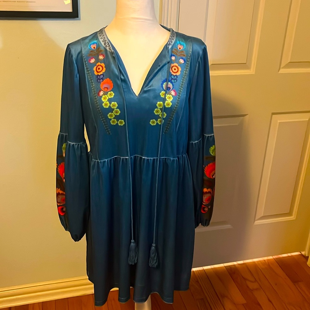 Blue velour boho top with tassel ties